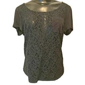 Small Hinge Womens Black Sheer lace Front Pullover Shirt Short Sleeve